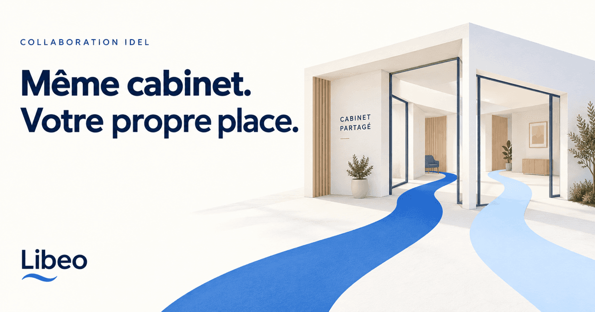 Deux chemins bleus distincts entrent dans un cabinet partagé, avec le titre « Même cabinet. Votre propre place. » et la signature Libeo.
