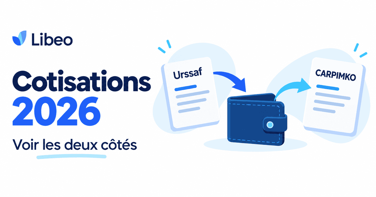 Cotisations 2026 : une flèche relie une carte Urssaf à un portefeuille, puis une autre rejoint une carte CARPIMKO, sous le titre Voir les deux côtés.