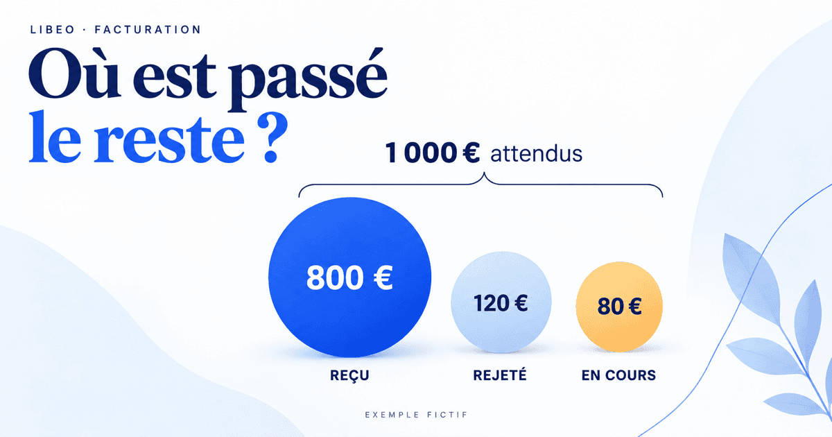 Où est passé le reste ? Exemple fictif de 1 000 euros attendus : 800 euros reçus, 120 euros rejetés et 80 euros en cours de traitement.