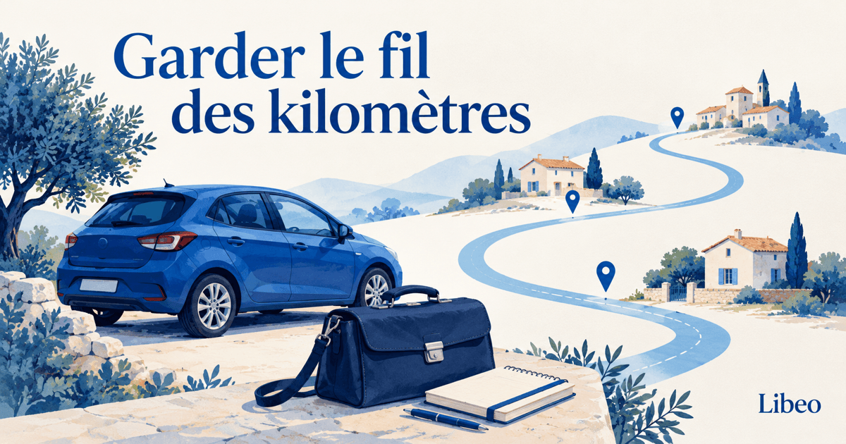 Une voiture bleue, un sac de tournée et un carnet devant une route reliant des maisons, avec le titre « Garder le fil des kilomètres » et la signature Libeo.