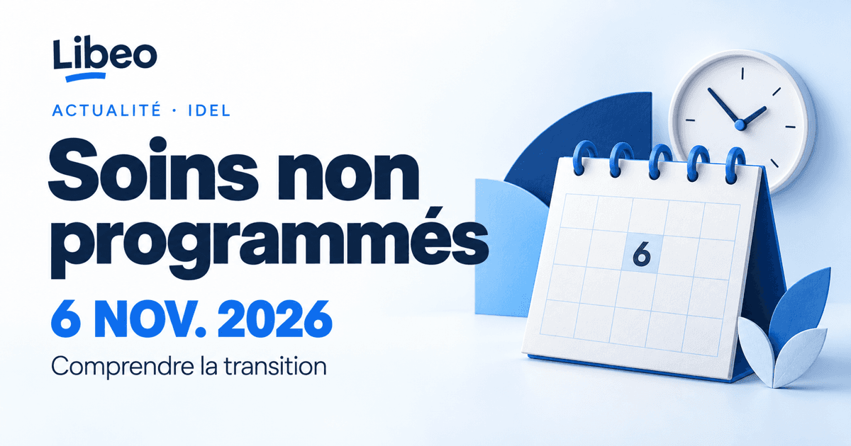 Soins non programmés : comprendre la transition du 6 novembre 2026, illustrée par un calendrier et une horloge aux couleurs de Libeo.