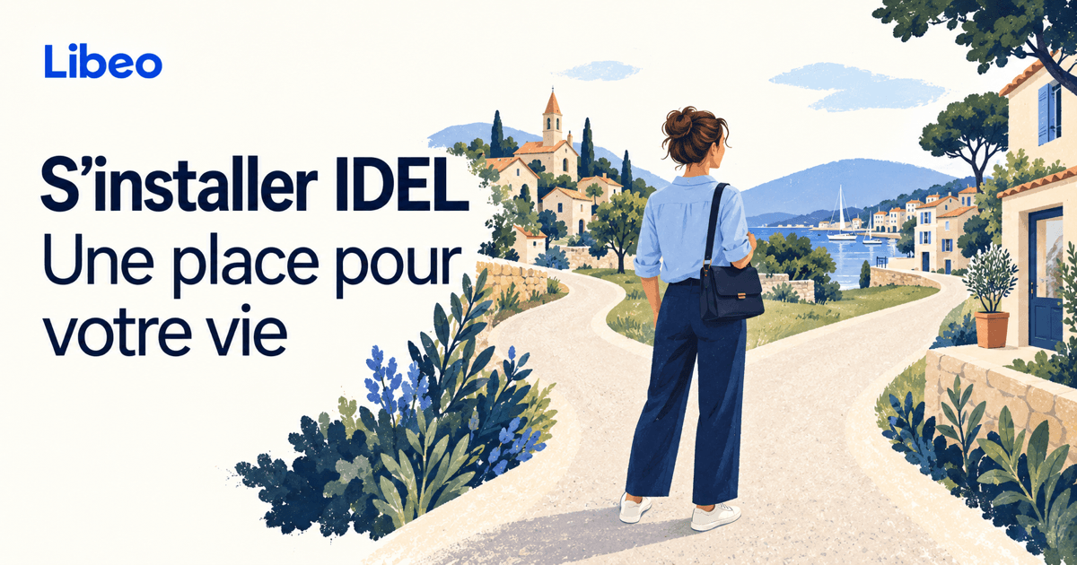 Une infirmière en civil avec un sac regarde deux chemins entre des maisons, sous le texte S’installer IDEL, Une place pour votre vie.